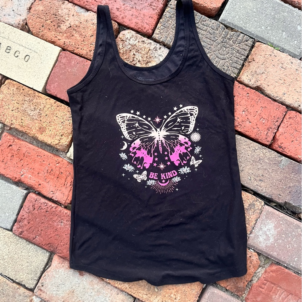 No Boundaries Black Tank Top with Pink Butterfly Design - Picture 1 of 3